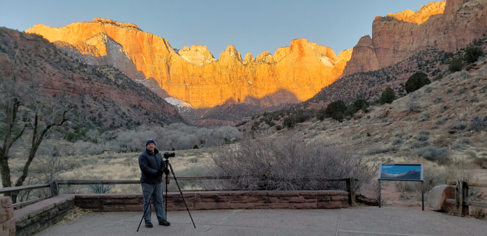 photographing sunrise at Zion in the winter