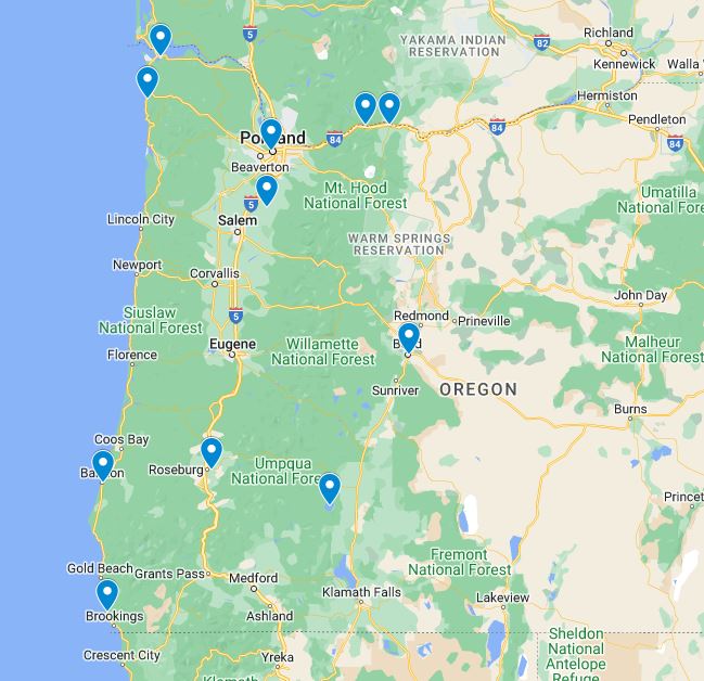 Map of Places to Visit in Oregon in the Spring