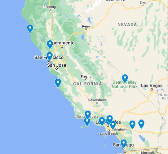 map of places to visit in California in the spring