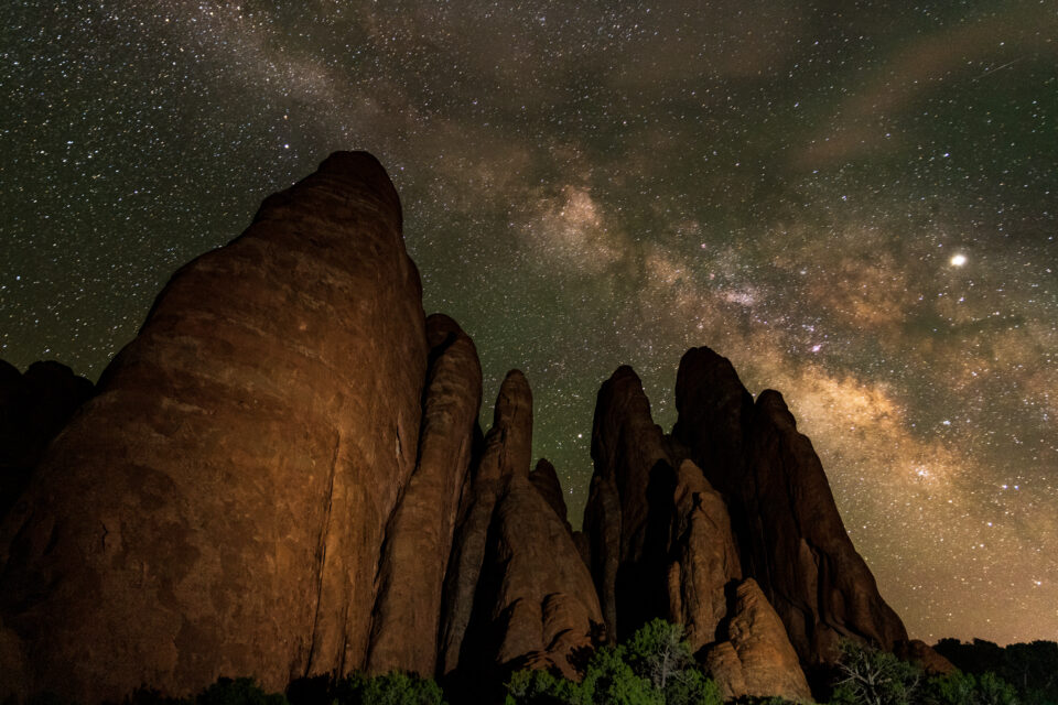 milky way over fins at Arches National Park