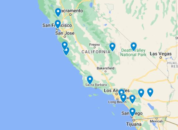 map showing places to visit in California in April