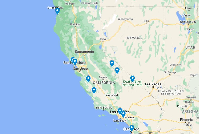 map of places to visit in California in May
